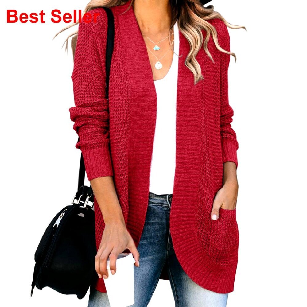 Loose Open Front Cardigan Long Sleeve Lightweight Knit Sweater with Pockets